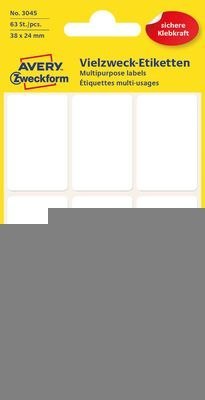 Białe minietykiety do opisywania ręcznego, 63 etyk./op., 38 x 24 mm, białe, AVERY ZWECKFORM, 3045 Avery Zweckform
