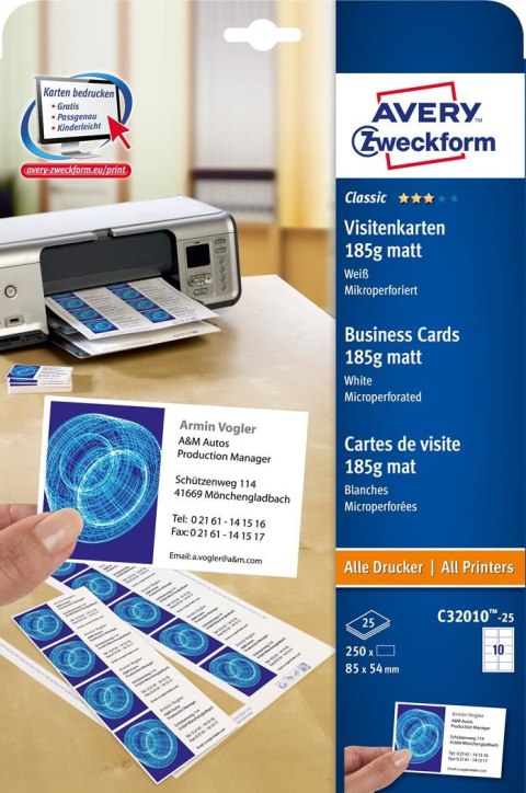 Wizytówki Avery Zweckform C32010-25 85x54 25 ark białe, z mikroperforacją, 250 szt., 185 g, matowe Avery Zweckform